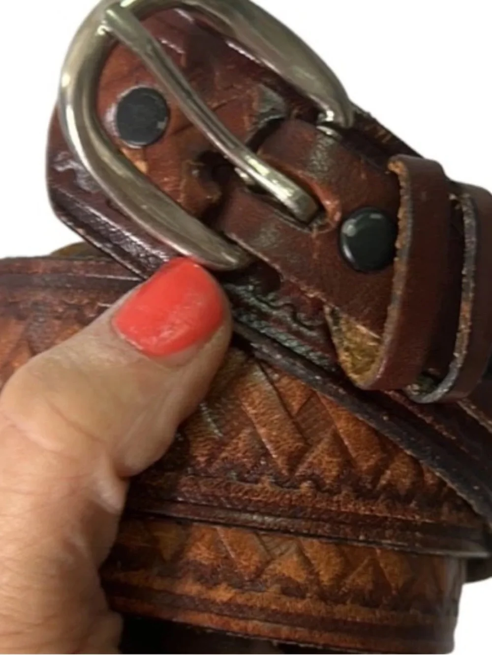 VINTAGE TOOLED EMBOSSED LEATHER BROWN BELT SNAP STRAP LARGE